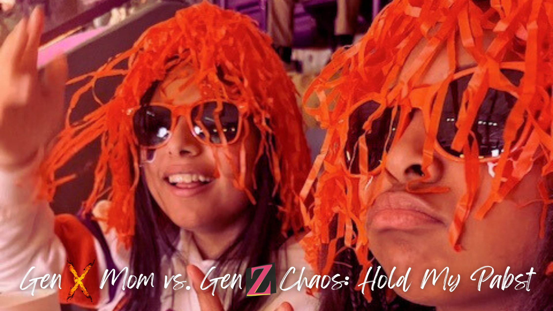 Mother and teenager wearing sunglasses and silly hair