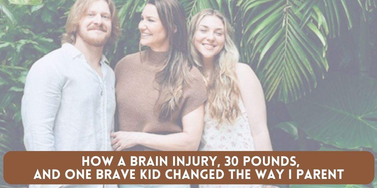 Family photo standing in front of palm trees